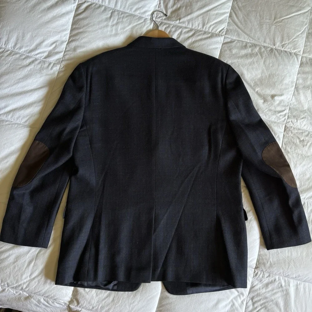 LRL Elbow Patch Blazer Sport Coat Men's 44R Wool Black Blue Check Dark Academia